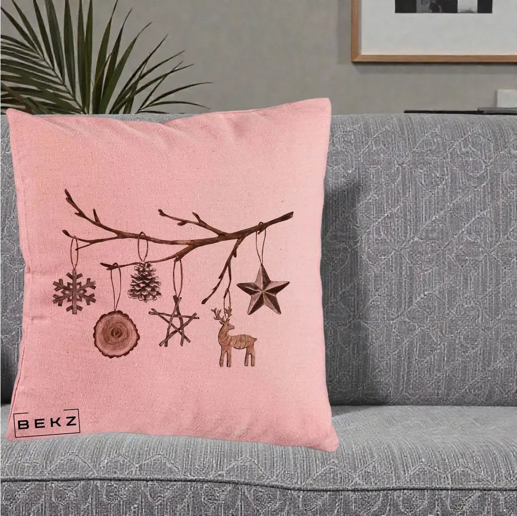 Perna Decorativa Ornamente de Lemn pe Ramura, 40x40 cm, Roz, Husa Detasabila, Perna Inclusa, BEKZ®