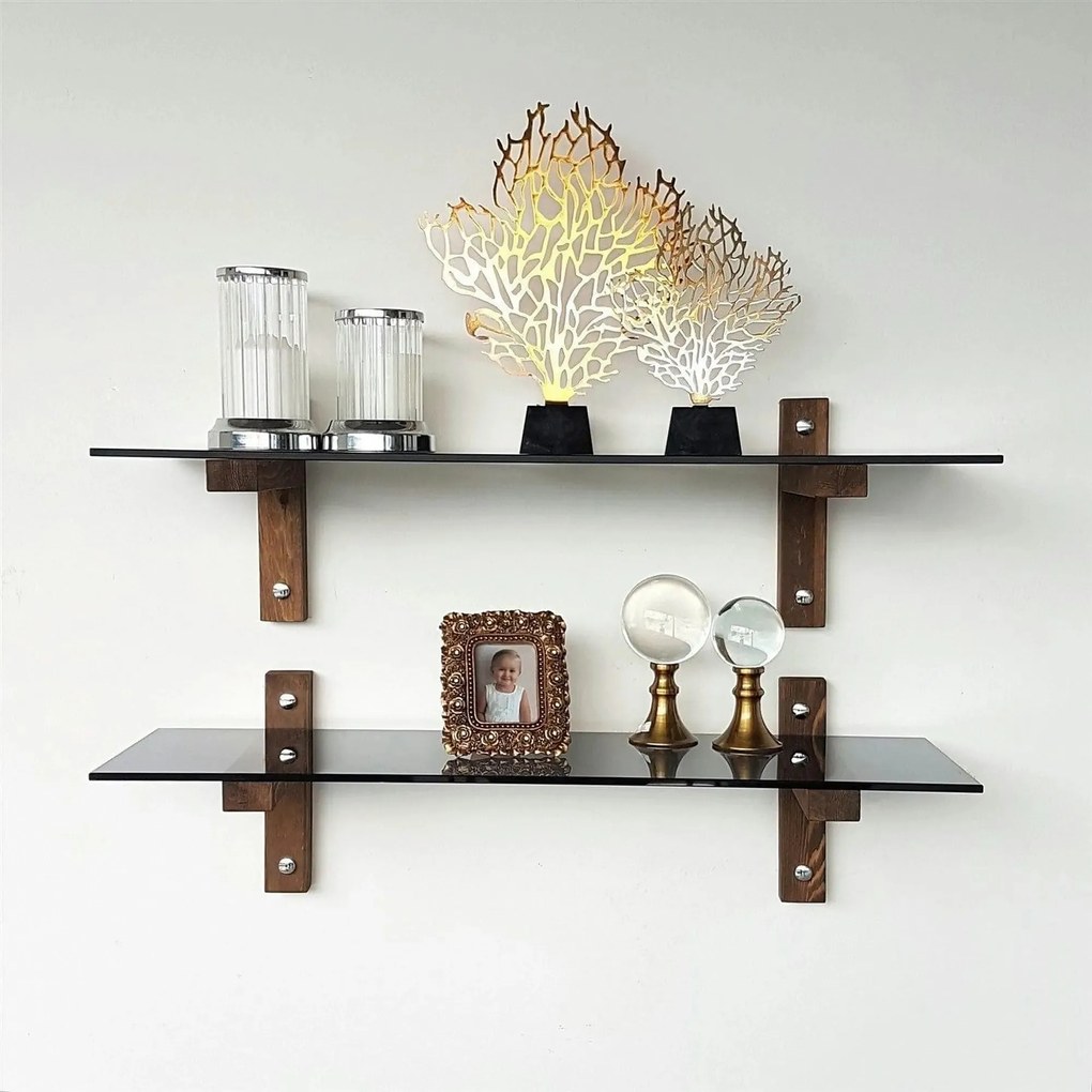Set 2 polite R202, fumuriu/nuc, sticla/lemn de pin, 85x25x25 cm