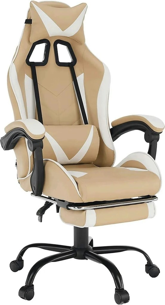 Scaun gaming OZGE 2 NEW, bej/alb, piele ecologica, 64x60x116/136 cm