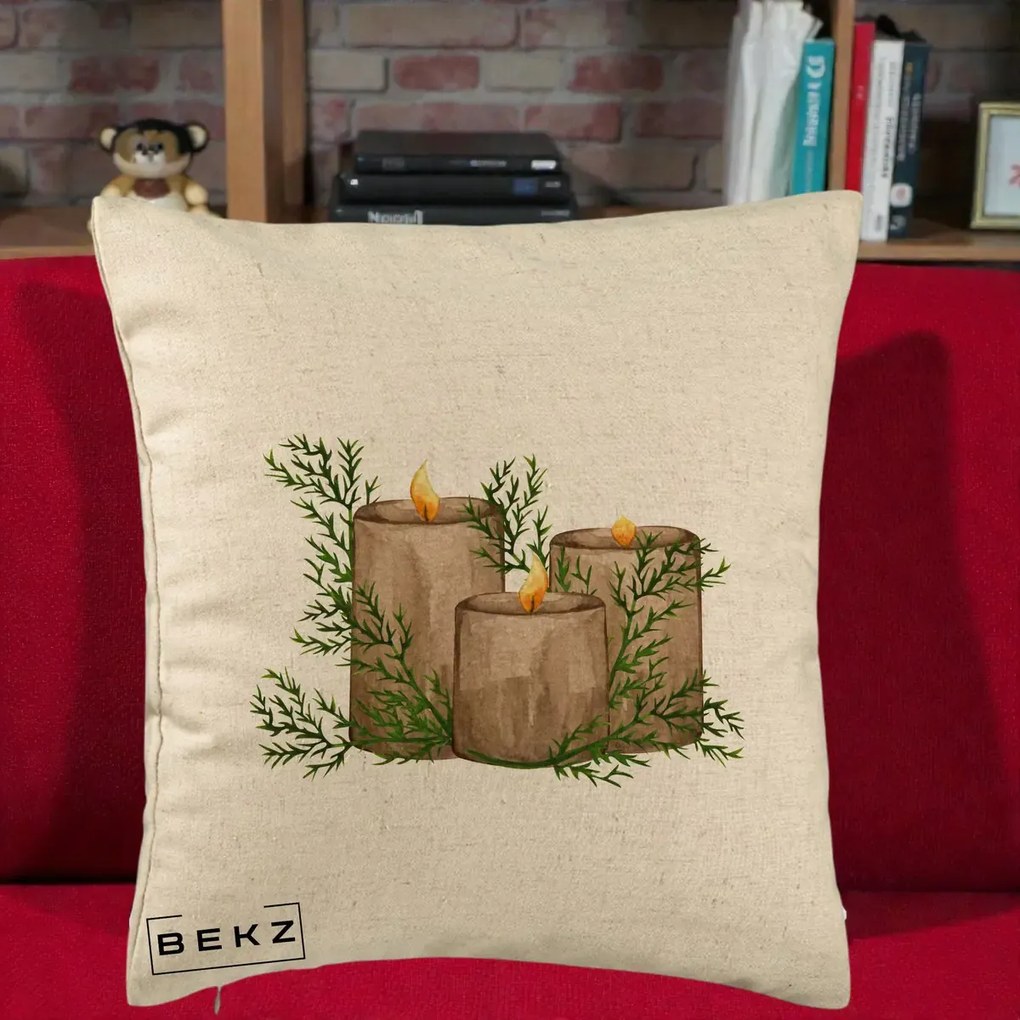 Perna Decorativa Lumanari Rustice cu Crengute Brad, 40x40 cm, Bej, Husa Detasabila, Perna Inclusa, BEKZ®