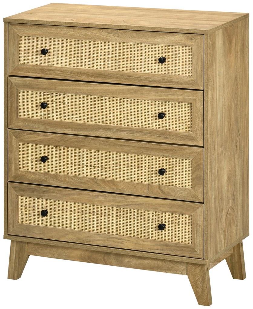 HOMCOM Cómoda cu 4 Sertare Comoda de Lemn cu Fronturi de Ratan Stil Cannage pentru Dormitor 80x35x95 cm Natural | Aosom Romania