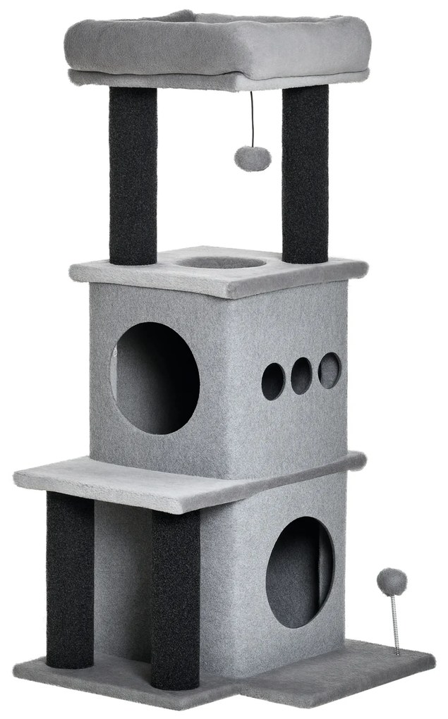 PawHut Arborișoare pentru pisici design cozy-chic multi-echipate centrul de activități cu zone, platforme, pat, joc cu bile, fețre detașabile și lavabile, plăci de particule, pluș scurt 48 x 48 x 100 cm gri | Aosom Romania