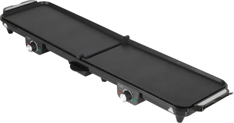 Grătar electric dublu pliabil Adler AD 6617, 3000 W, deschidere la 180°, 96 x 26 cm, plăci antiaderente, 2 termostate, tavă pentru grăsime, negru