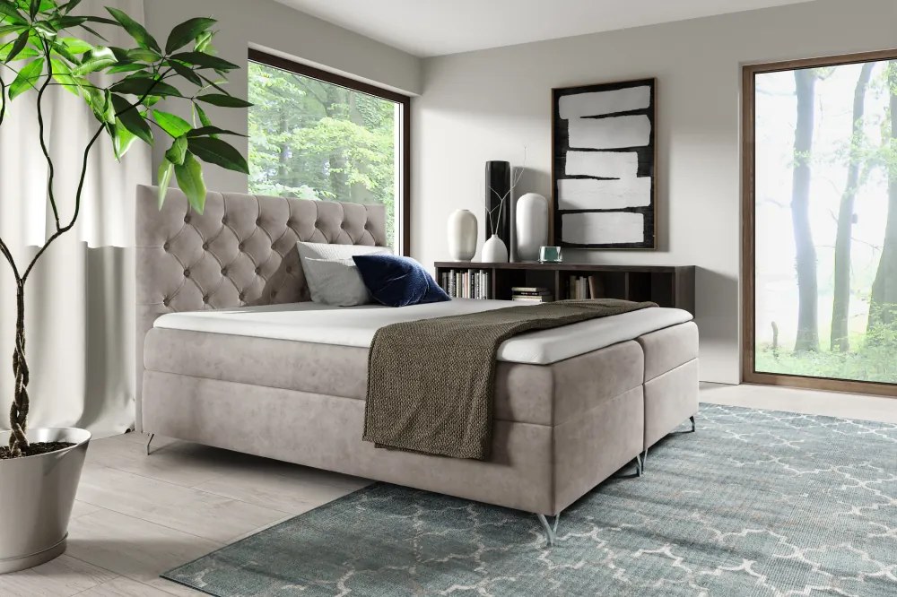 Pat cu boxspring, 140x200, ţesătură gri-bej Taupe Velvet, GULIETTE + cadou