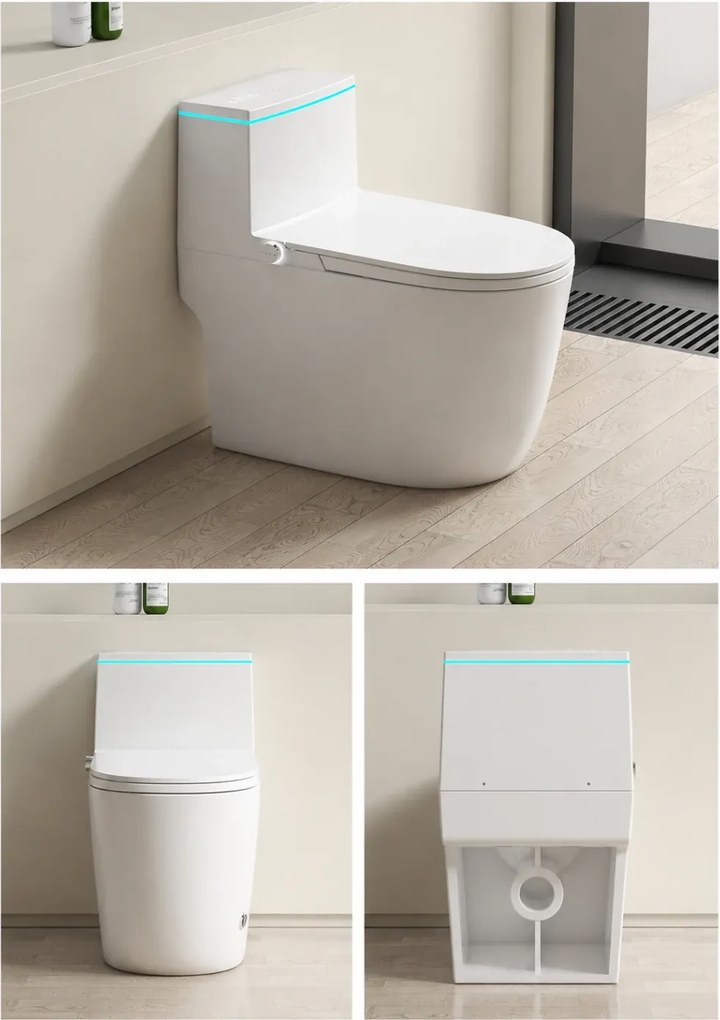 Smart WC 909 – Vas de Toaletă Inteligent cu Bideu Integrat, Rezervor Încorporat, Afișaj LED, Încălzire Colac, Uscare cu Aer Cald, Iluminare Ambientală RGB, Telecomandă, Ceramică Premium, Alb