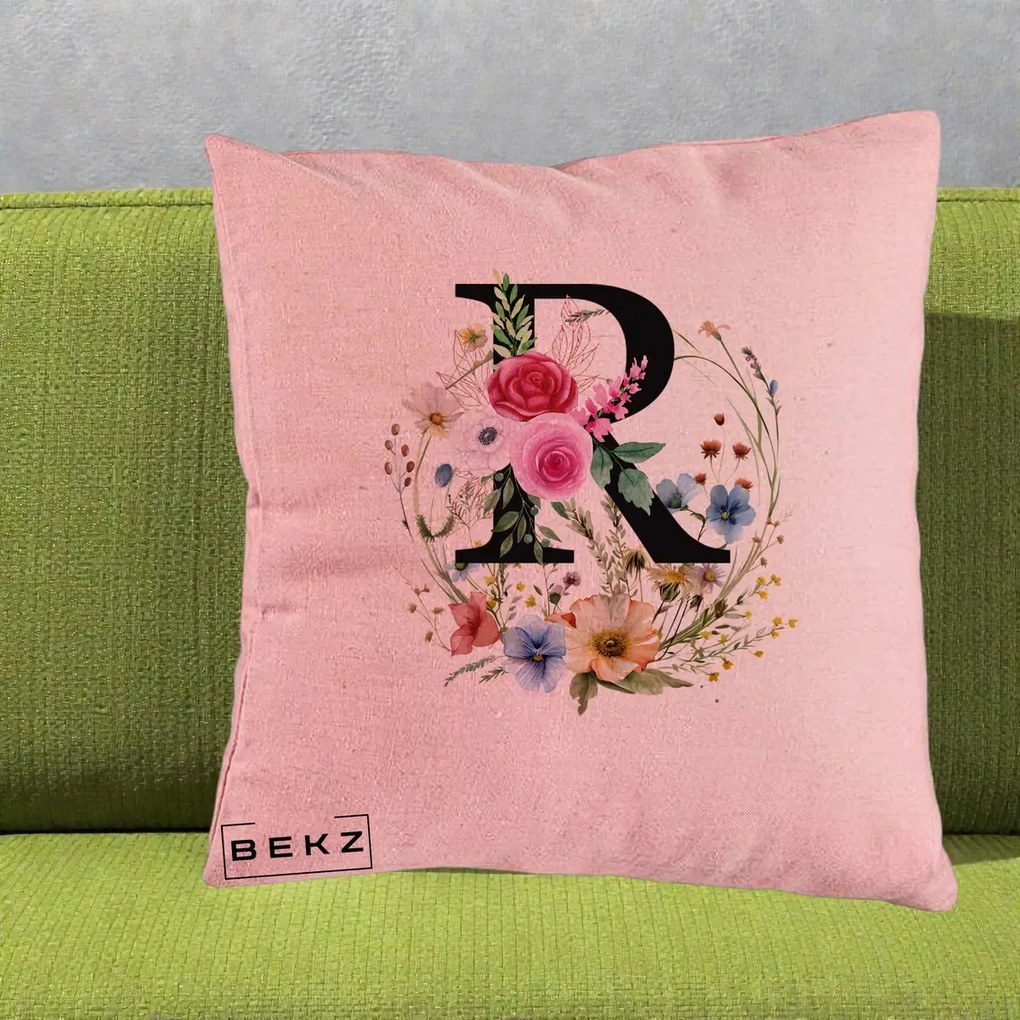 Cadou Personalizat - Perna Personalizata Monogram Litera R cu Flori Acuarela, 40x40 cm, Roz, Husa Detasabila, Perna Inclusa, BEKZ®