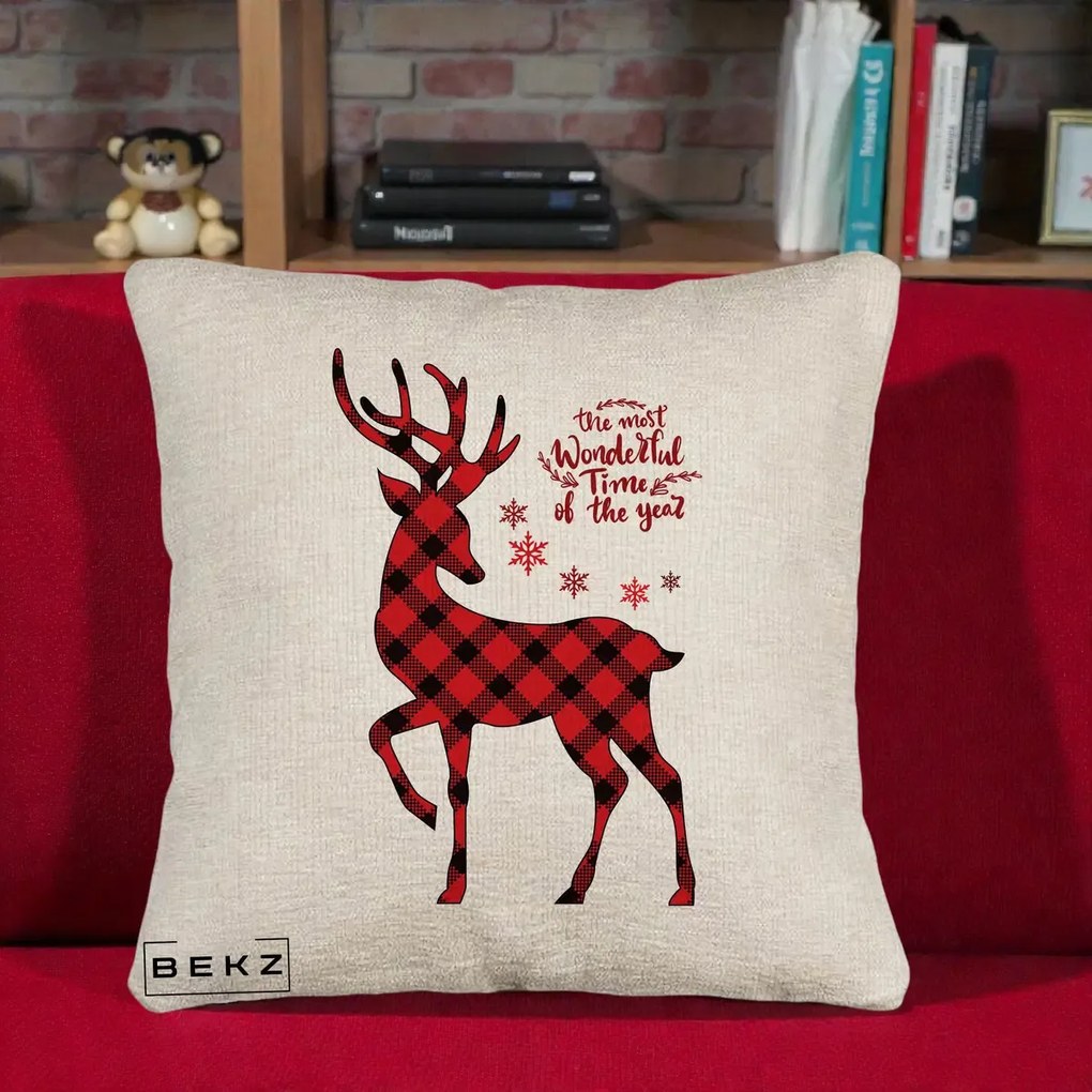 Perna Decorativa Ren Buffalo Plaid Craciun, 40x40 cm, Bej Canapea, Husa Detasabila, Perna Inclusa, BEKZ®