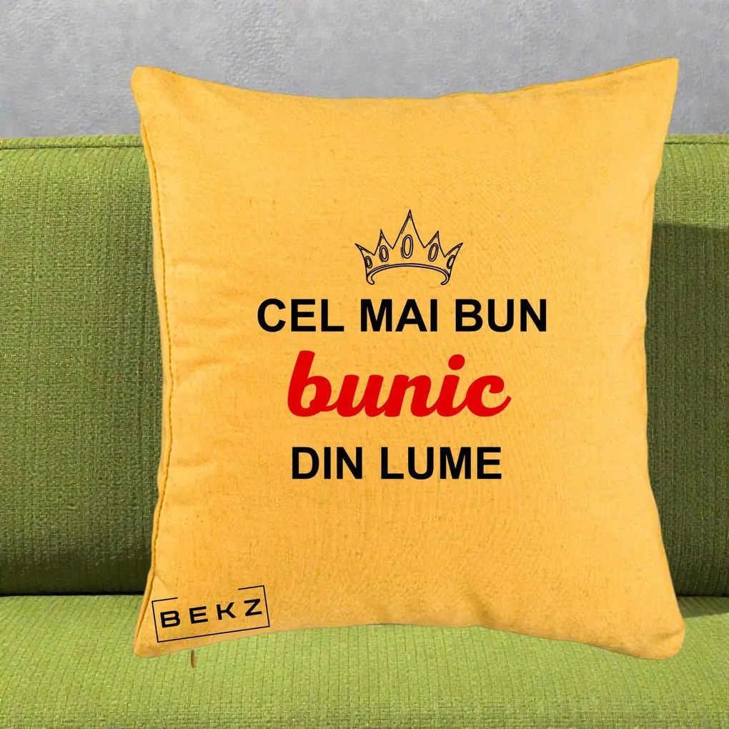 Cadou pentru Bunic - Perna Personalizata Cel Mai Bun Bunic Din Lume Coroana Rosu, 40x40 cm, Galben, Husa Detasabila, Perna Inclusa, BEKZ®