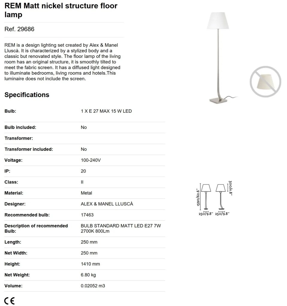Lampadar / Lampa de podea eleganta design clasic REM nickel/alb