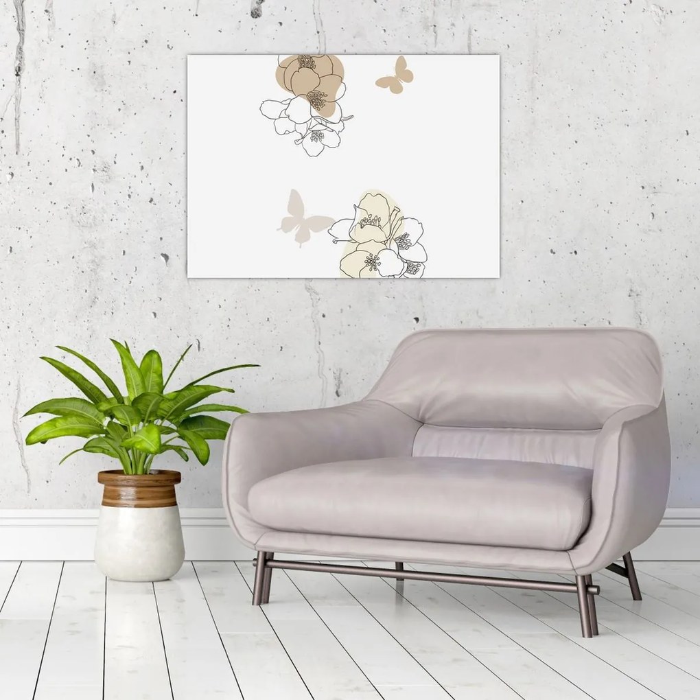 Tablou pe sticlă - Flori bej cu fluture N⁰2 (70x50 cm)
