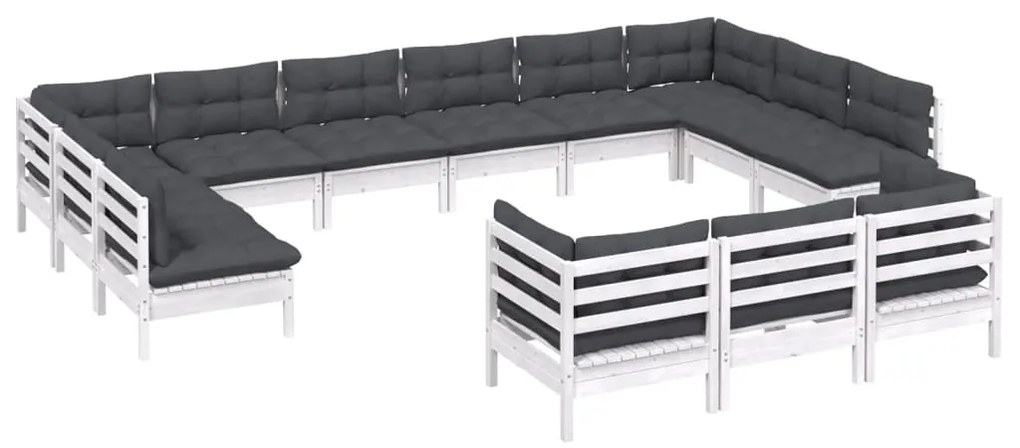 Set mobilier de grădină cu perne, 13 piese, alb, lemn de pin