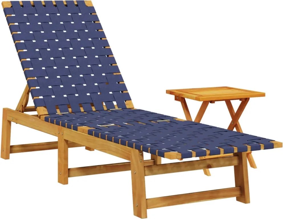 vidaXL Șezlong cu masă, albastru închis, lemn masiv acacia și țesătură