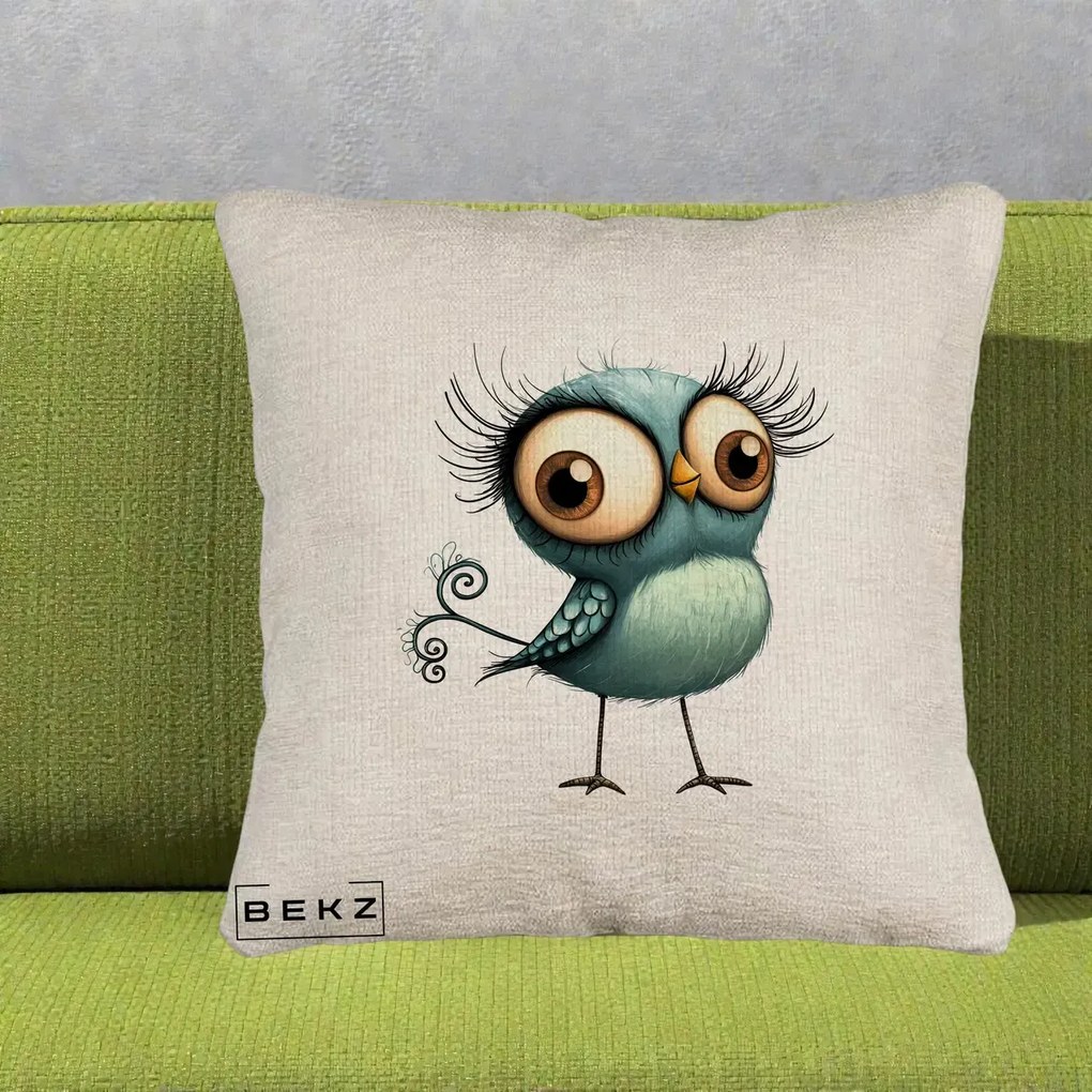 Perna Decorativa Pasare Teal cu Gene si Coada Spiralata, 40x40 cm, Bej Canapea, Husa Detasabila, Perna Inclusa, BEKZ®