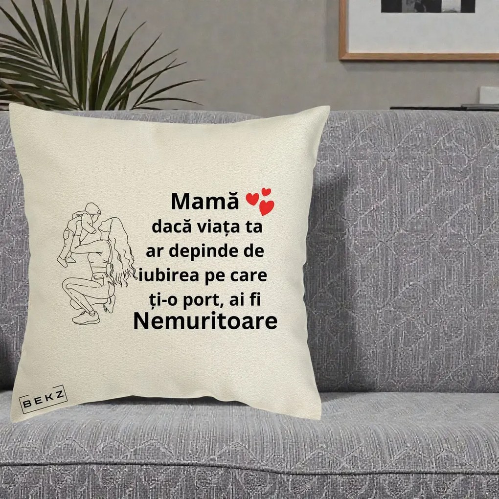 Cadou pentru Mama - Perna Personalizata Mama Nemuritoare Portret Graphic, 40x40 cm, Ecru, Husa Detasabila, Perna Inclusa, BEKZ®