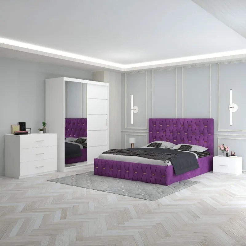 Set Mobila De Dormitor Eric Mov+Comoda,  pat tapitat 160x200cm,  dulap cu oglinda 150x210cm, noptiere