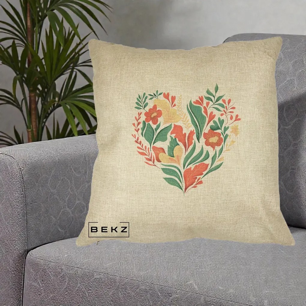 Perna Decorativa Inima Florala Botanica, 40x40 cm, Crem, Husa Detasabila, Perna Inclusa, BEKZ®