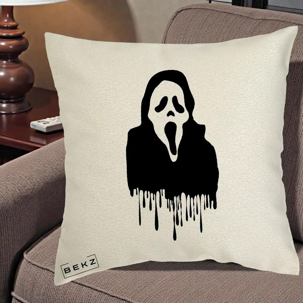 Perna Personalizata Halloween Ghostface Scream Picurand, 40x40 cm, Ecru, Husa Detasabila, Perna Inclusa, BEKZ®