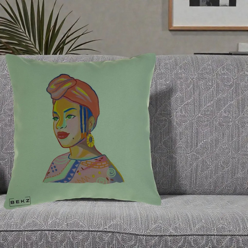 Perna Decorativa Portret Femeie Africana, 40x40 cm, Verde, Husa Detasabila, Perna Inclusa, BEKZ®