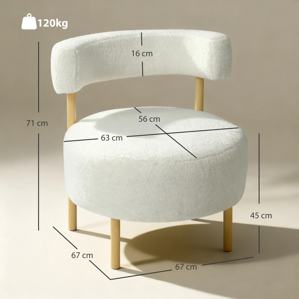 HOMCOM Fotoliu lounge fotoliu relax cu Sherpa-Fleece, picioare metalice cu aspect de lemn, fotoliu tapițat 67 x 67 x 71 cm Alb crem | Aosom Romania