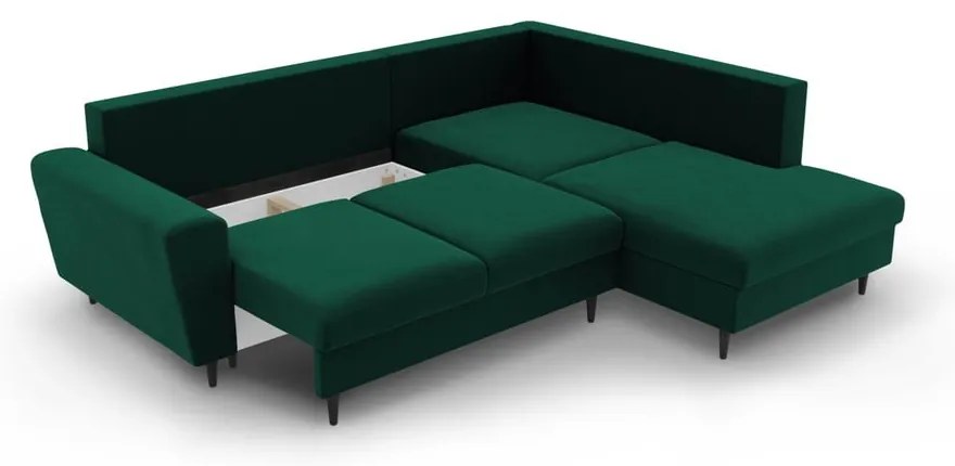 Colțar verde extensibil, cu spațiu de depozitare cu tapițerie din catifea (cu colț pe partea dreaptă-în formă de ”L”) Kyoto – Cosmopolitan Design