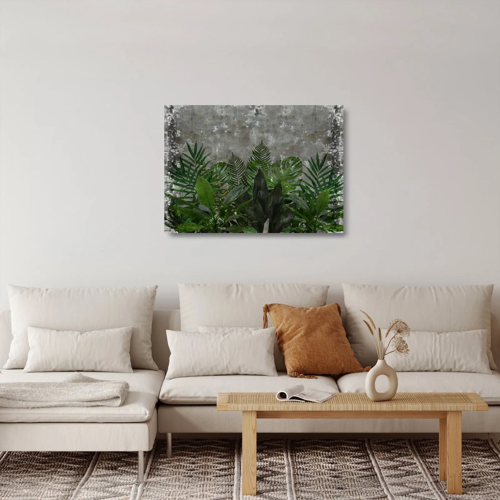 Tablou pe sticlă - Zid de beton cu plante (70x50 cm)