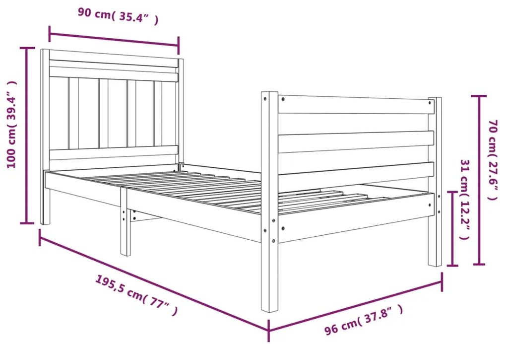 Cadru de pat, de 1 persoana, 90x190 cm, lemn masiv, 3    Maro, 90 x 190 cm