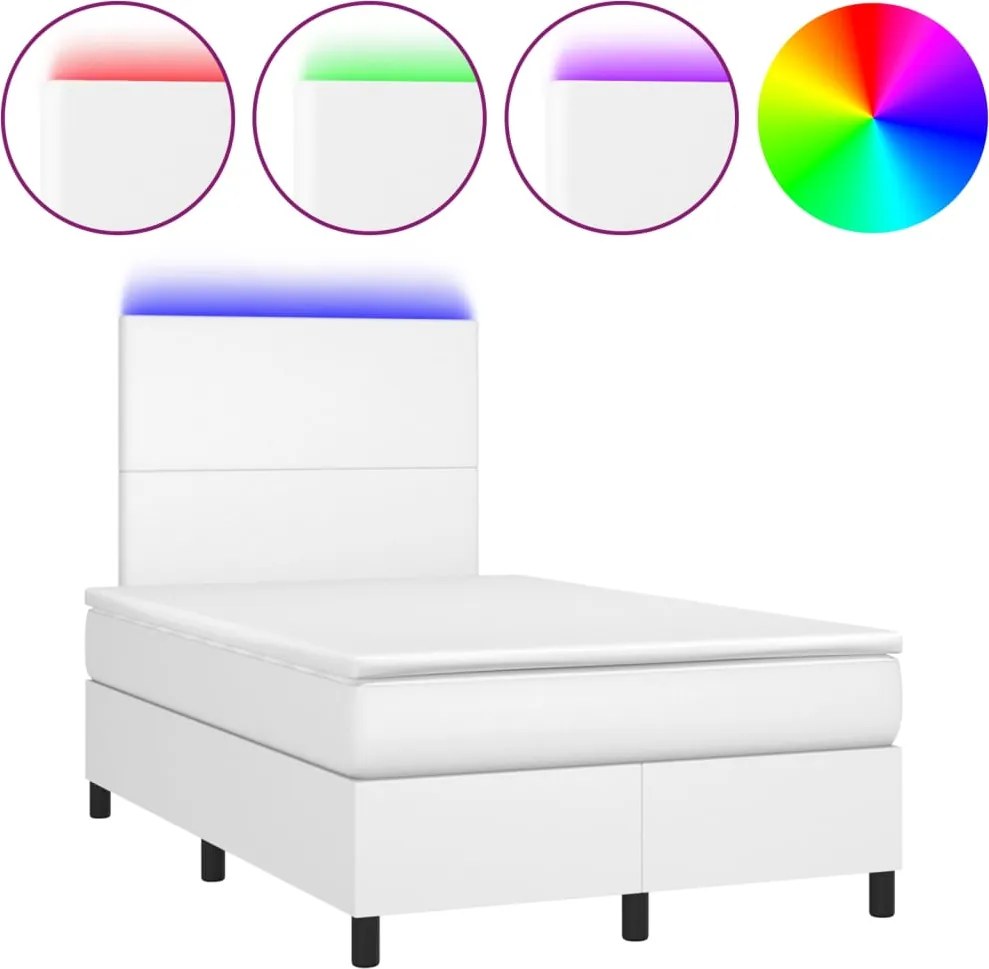 vidaXL Pat cu arcuri, saltea și LED, alb, 120x200 cm, piele ecologică