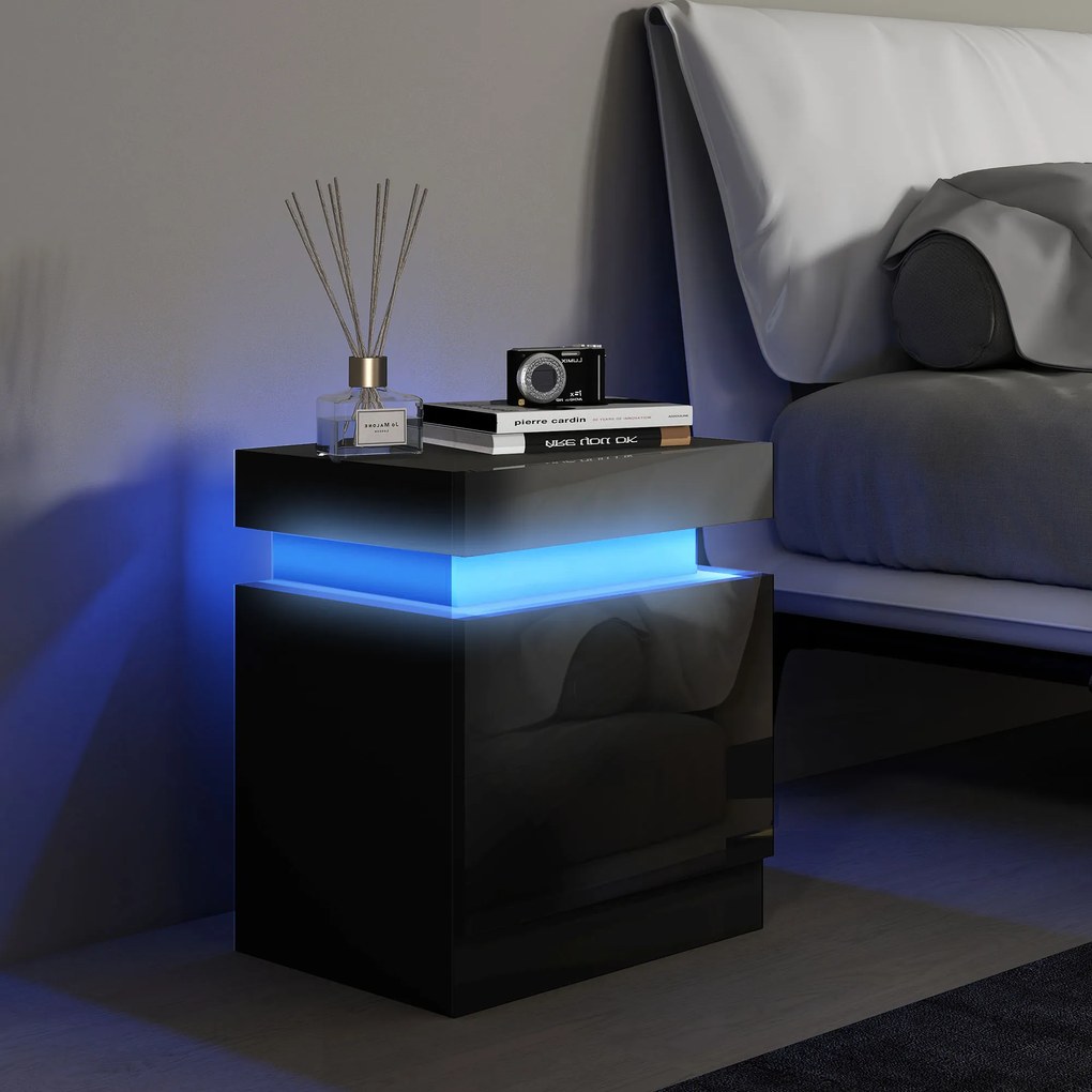 HOMCOM Masă de noapte neagră cu lumină LED, Front lucios cu 2 sertare, pentru Sufragerie, Dormitor | Aosom Romania