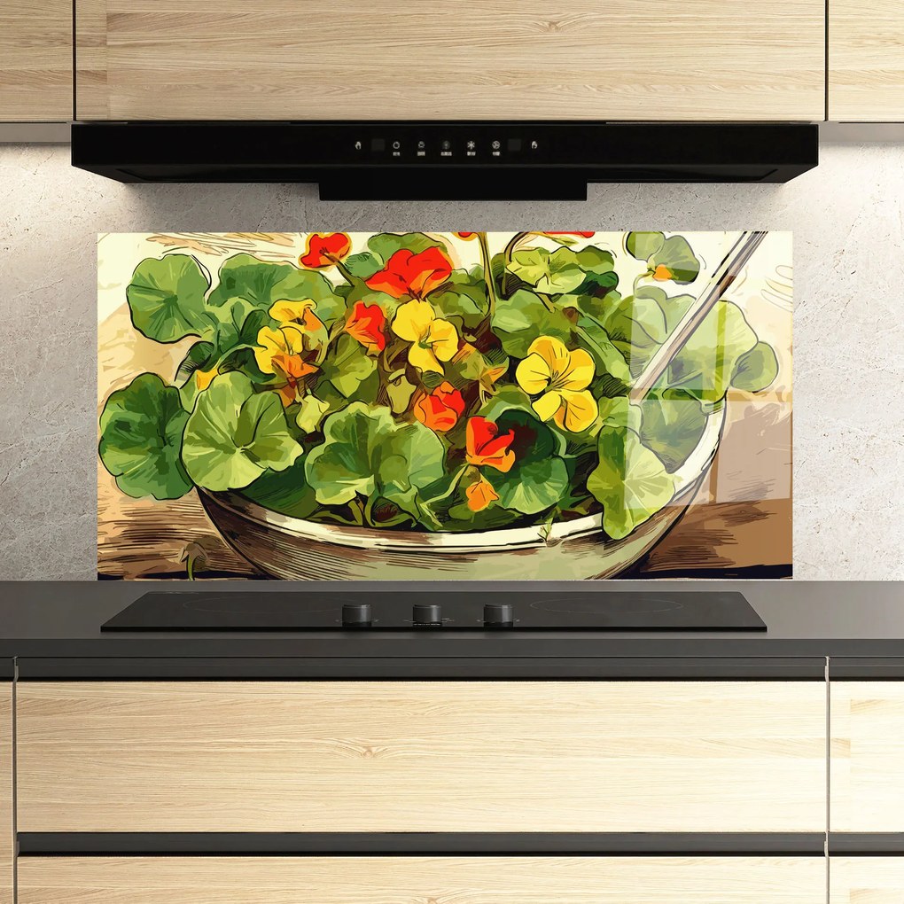 Panou Sticla Bucatarie, 60x150cm, Protectie aragaz, Antistropi, Termorezistent, Alimente, Legume, Flower Food