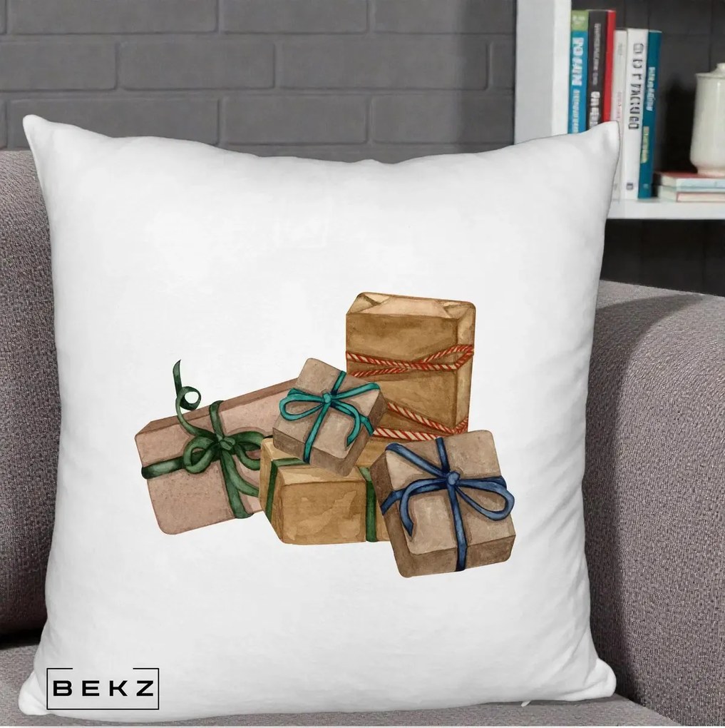 Perna Decorativa Cadouri de Craciun Kraft, 40x40 cm, Alb Pufos, Husa Detasabila, Perna Inclusa, BEKZ®