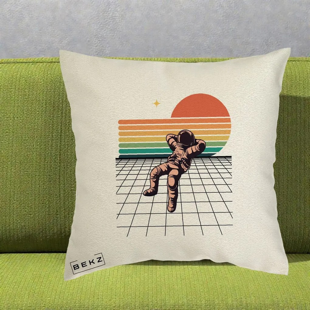 Perna Decorativa Astronaut Retro Space, 40x40 cm, Ecru, Husa Detasabila, Perna Inclusa, BEKZ®
