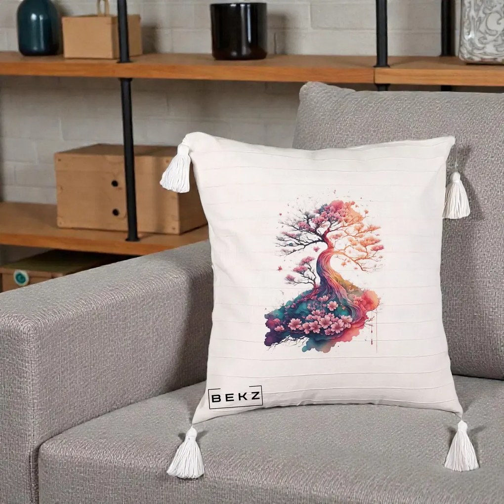 Perna Decorativa Copac Sakura Acuarela Fantasy, 40x40 cm, Bej cu Franjuri, Husa Detasabila, Perna Inclusa, BEKZ®