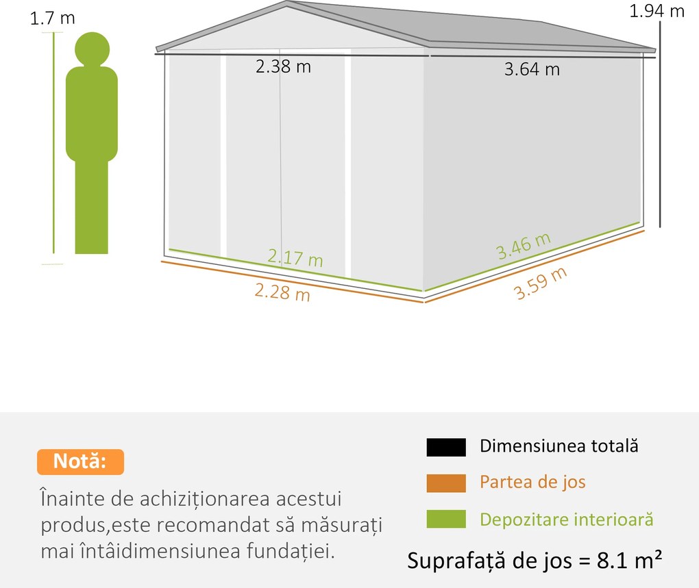 Outsunny Magazie de Grădină din Metal 364 x 238 cm cu 4 Grile de Ventilație și Uși Duble cu Încuietoare, Maro | Aosom Romania