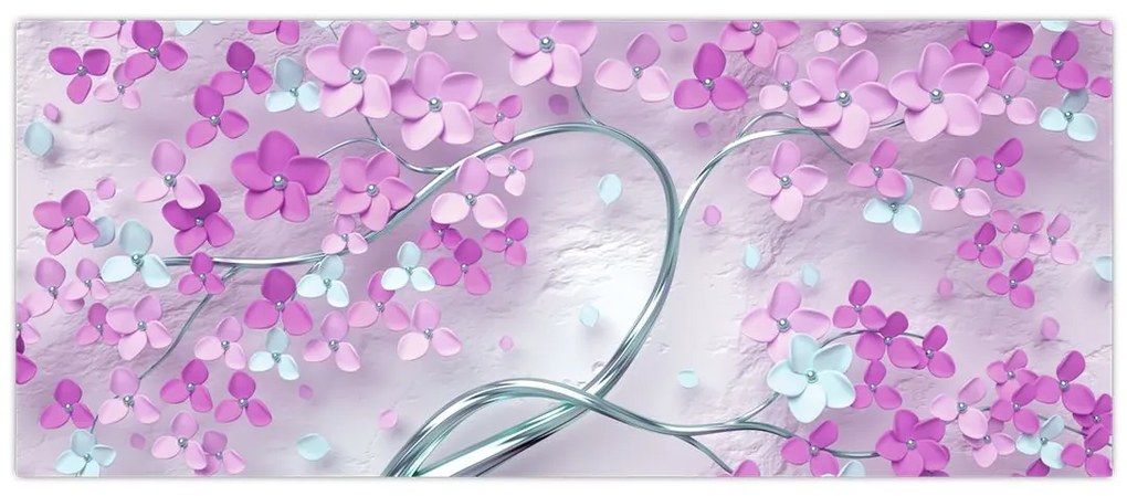 Tablouri cu flori pe trunchi argintiu - abstract (120x50 cm)