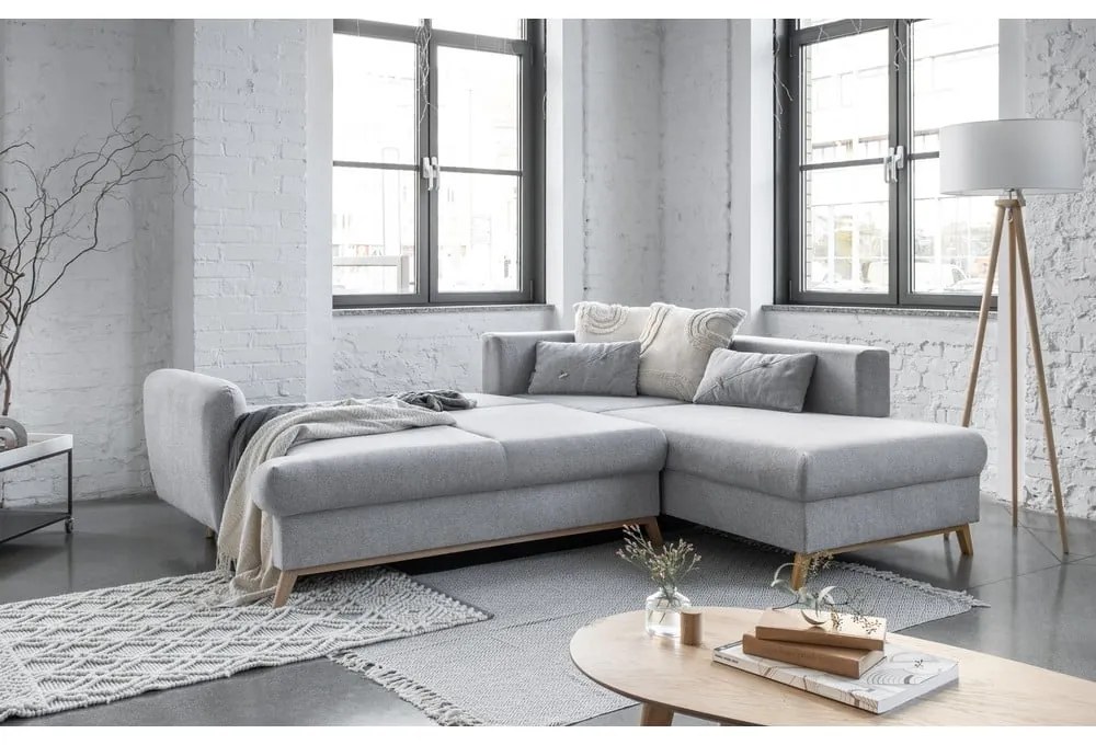 Colțar gri deschis extensibil/cu spațiu de depozitare (cu colț pe partea dreaptă/în formă de ”L”) Scandic Lagom – Miuform