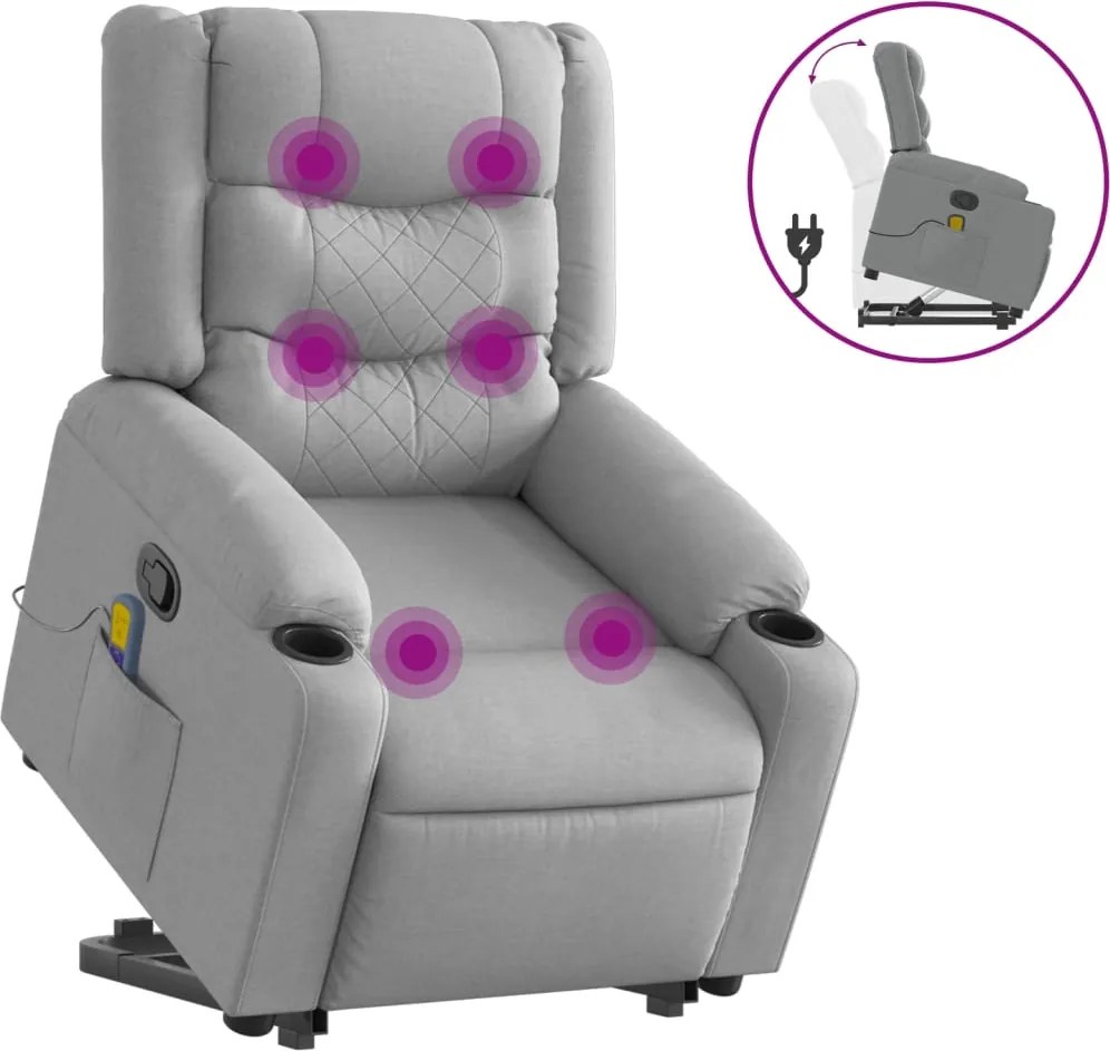 vidaXL Fotoliu de masaj rabatabil cu ridicare, gri deschis, textil