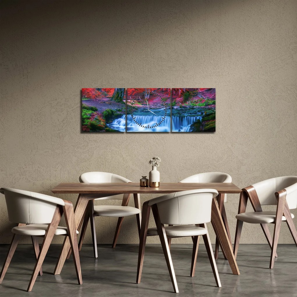 Tablou - Cascada în pădurea roșie (cu ceas) (90x30 cm)