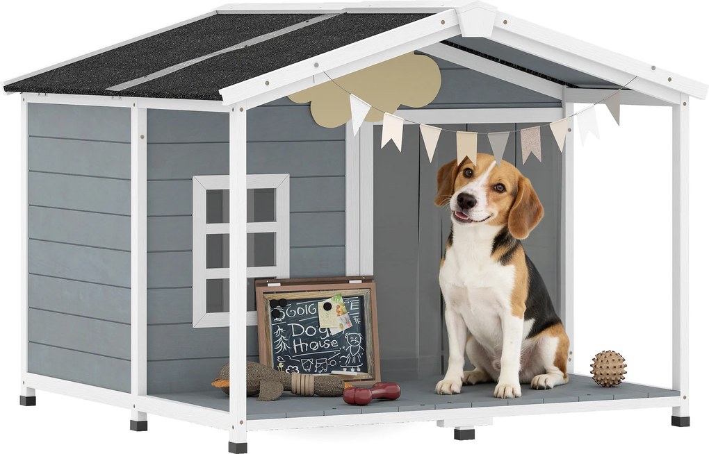 PawHut Cușcă pentru câini rezistentă la intemperii, cușcă înălțată din lemn cu acoperiș din asfalt, terasă, pentru câini de talie medie 103x107x83,5cm Gri | Aosom Romania
