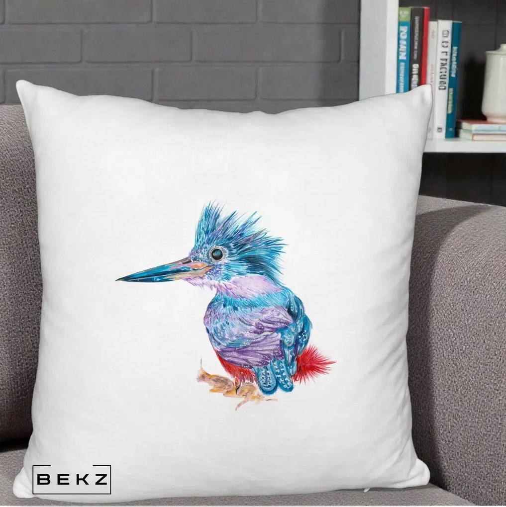 Perna Decorativa Pasare Martin Pescar Acuarela Albastru-Mov, 40x40 cm, Alb Pufos, Husa Detasabila, Perna Inclusa, BEKZ®