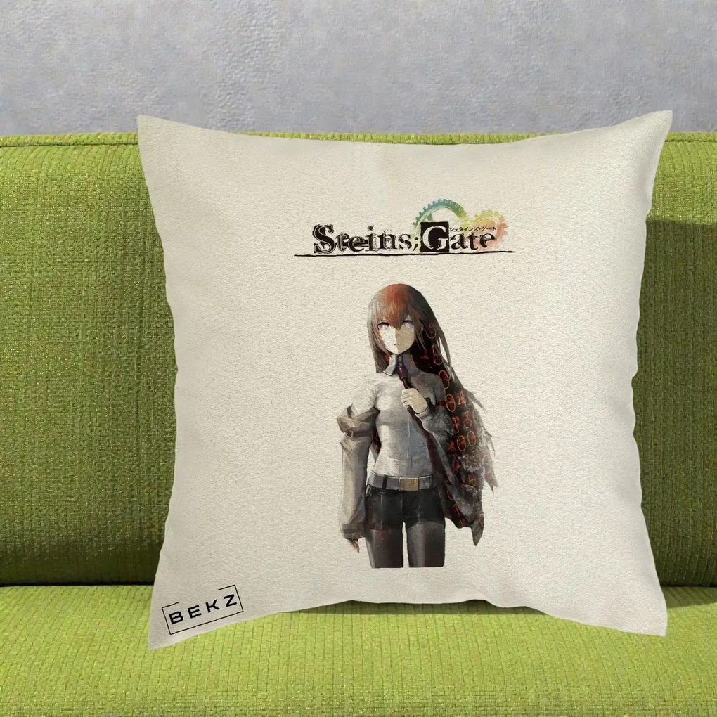 Perna Personalizata Steins Gate Kurisu Makise Anime, 40x40 cm, Ecru, Husa Detasabila, Perna Inclusa, BEKZ®