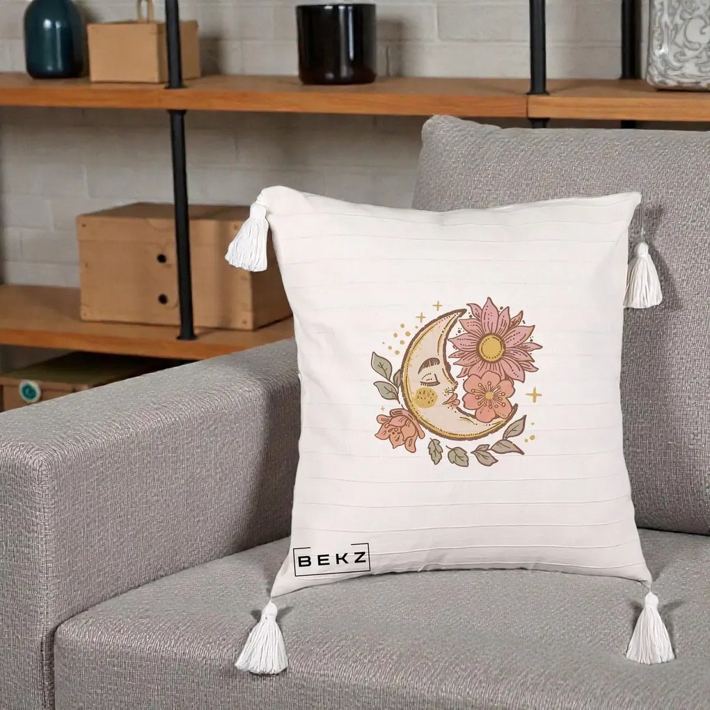 Perna Personalizata Luna Boho Chip Floral, 40x40 cm, Bej cu Franjuri, Husa Detasabila, Perna Inclusa, BEKZ®