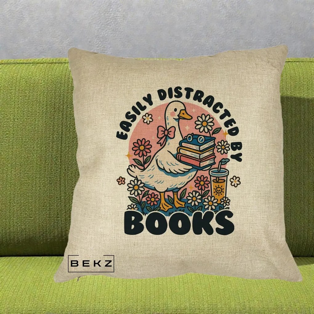 Perna Personalizata Easily Distracted by Books, 40x40 cm, Crem, Husa Detasabila, Perna Inclusa, BEKZ®