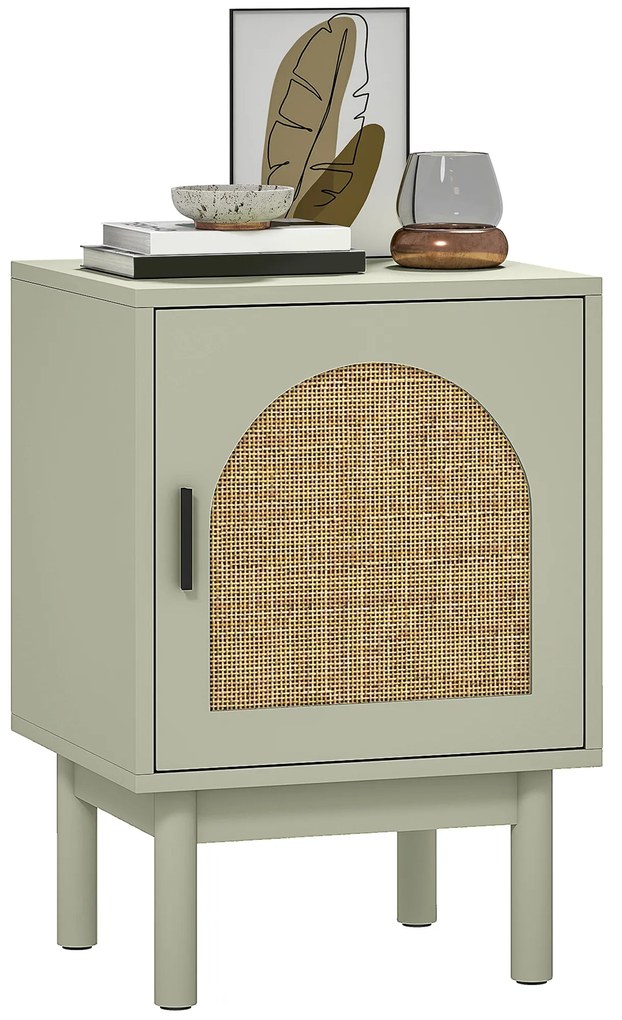 HOMCOM Noptieră cu Ușă din Ratan Raft Ajustabil și Piciorușe de Lemn Stil Bohem 40x35x58 cm Verde Deschis | Aosom Romania