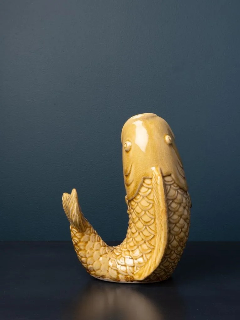 Vaza galbena, din ceramica, forma de peste, H20cm Stone