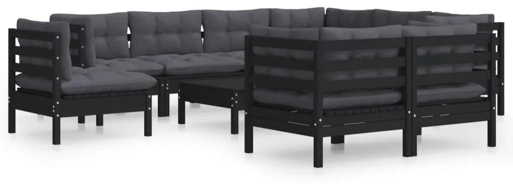 3096777 vidaXL Set mobilier de grădină cu perne 10 piese negru lemn masiv pin