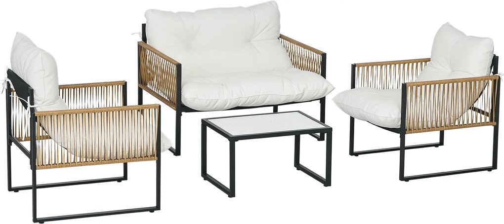 Outsunny Set mobilier grădină 4 piese canapea 2 locuri 2 fotolii și 1 măsuță blat din sticlă securizată 3 perne - cremă | Aosom Romania