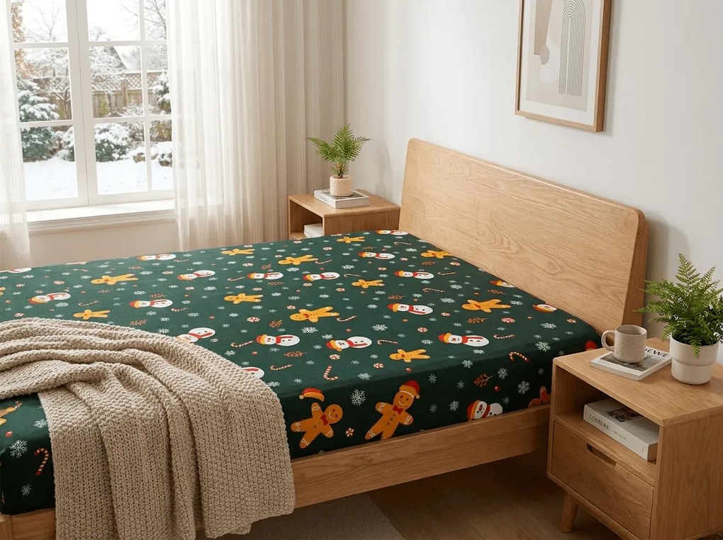 Cearsaf din microfibra SNOWMAN AND GINGERBREAD verde 180x200 cm
