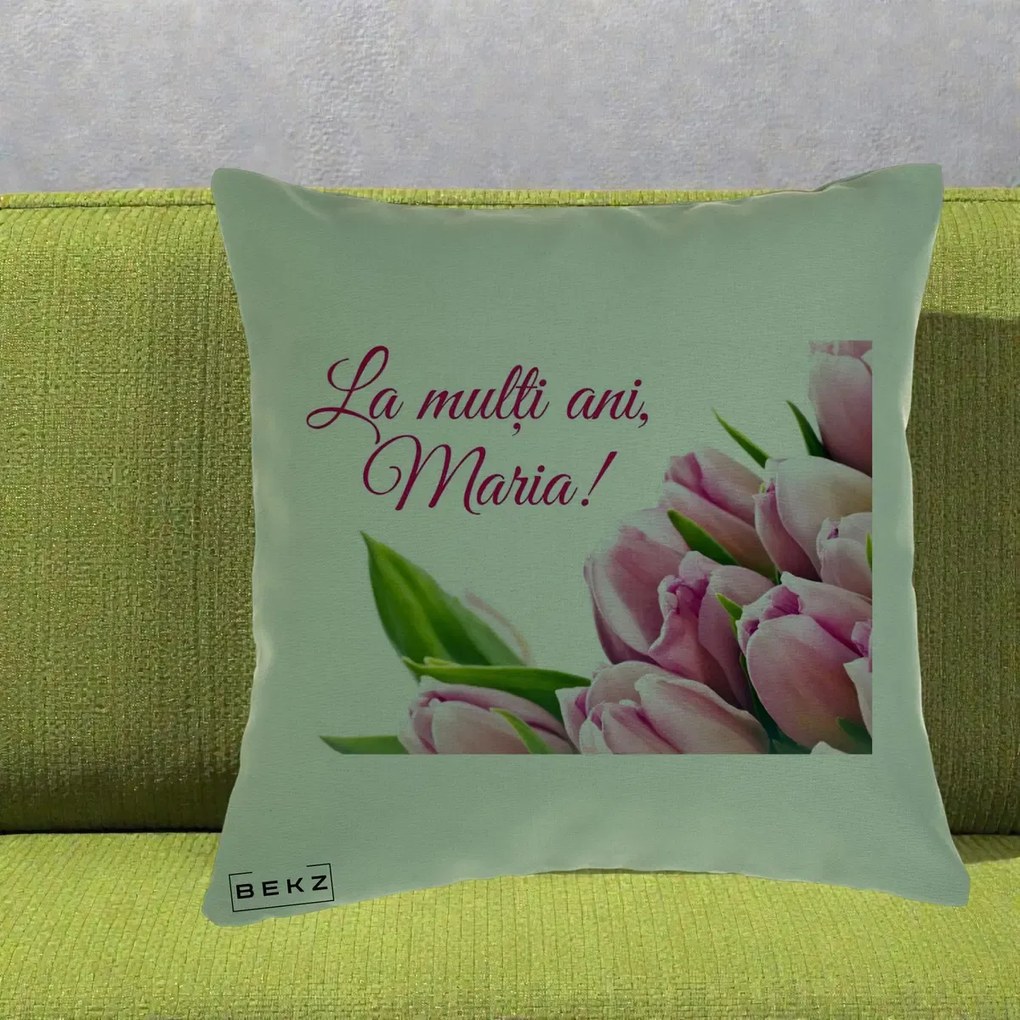 Cadou de Onomastica - Perna Personalizata La Multi Ani Maria Lalele, 40x40 cm, Verde, Husa Detasabila, Perna Inclusa, BEKZ®