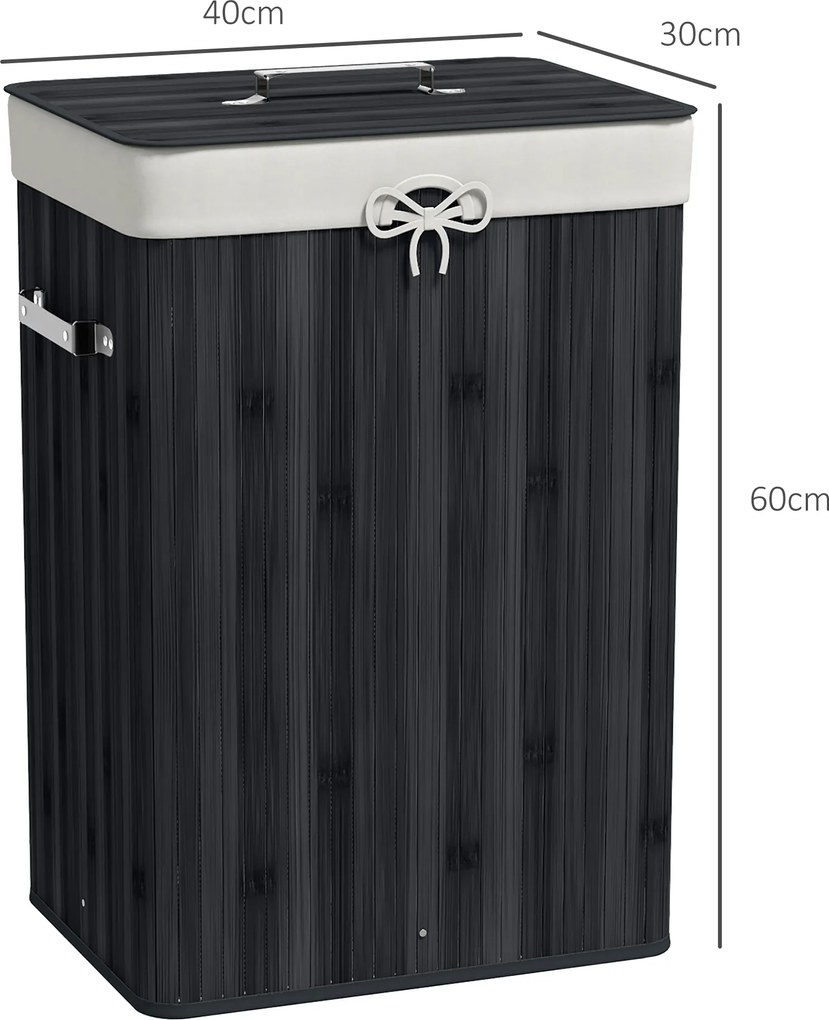 HOMCOM Coș de rufe, cutie rufe, colector de rufe cu capac, sac din pânză, bambus, pliabil, 72L, Negru 40 x 30 x 60 cm | Aosom Romania