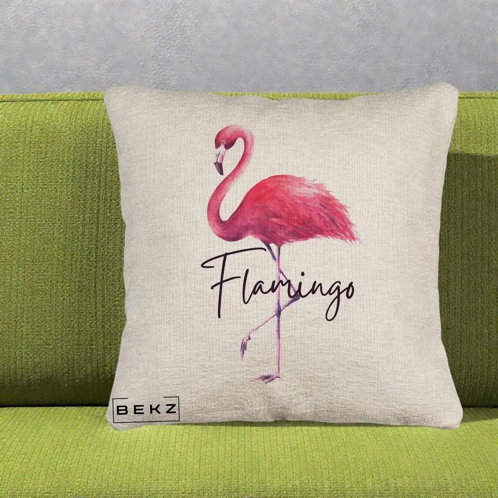 Perna Decorativa Flamingo Acuarela, 40x40 cm, Bej Canapea, Husa Detasabila, Perna Inclusa, BEKZ®